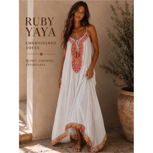 Ruby Yaya Dresses & Skirts - Ruby Yaya White Embroidered Mirror Tassel Handkerchief Hem Maxi Dress Mens M